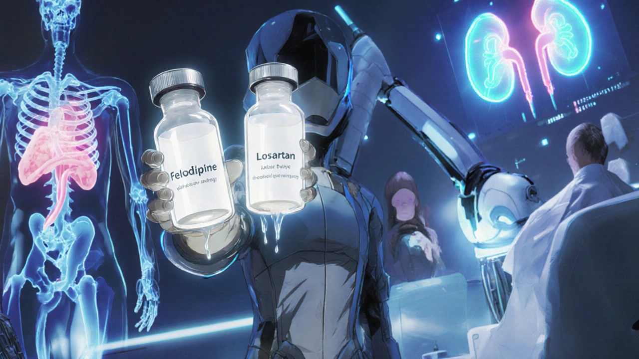 A doctor in exosuit holding vials of felodipine and losartan, patients with translucent organs being scanned by holograms.