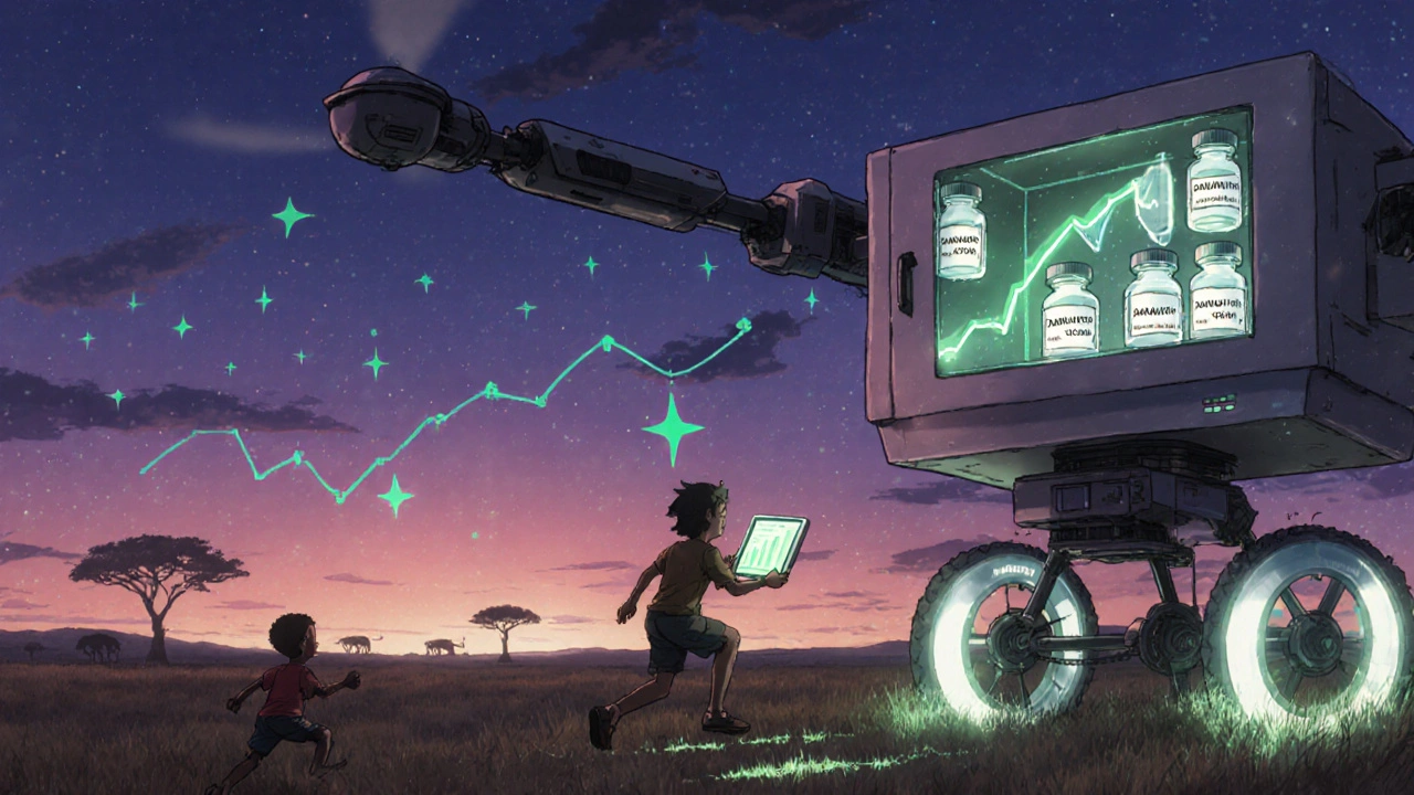 A health worker rides a bicycle-powered drone delivering darunavir across the savanna at dusk.