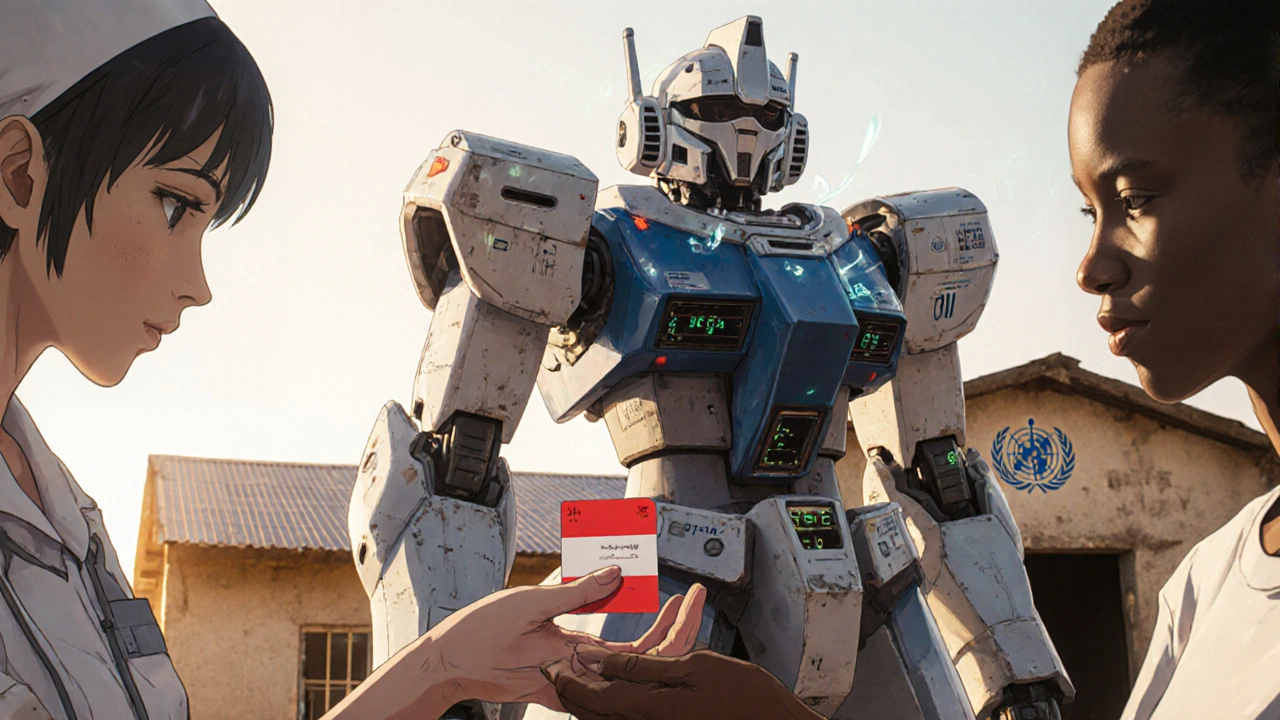 A nurse hands a red treatment card to a patient as medical data forms a protective mech behind them.