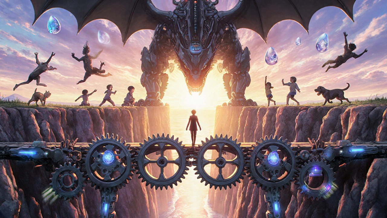 A person crossing a bridge of pill-gears toward a hopeful horizon, with a shadowy dragon labeled 'Long-Term Use' behind.
