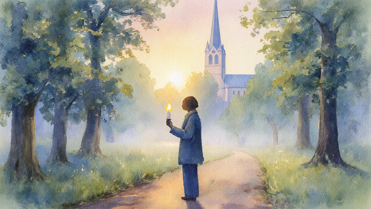 A person holding a candle on a sunrise forest path with a church steeple in the distance.
