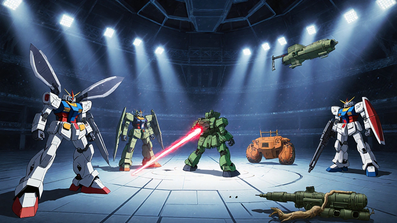 Arena with multiple mecha each symbolizing different ED medications, showing varied speeds and durations.
