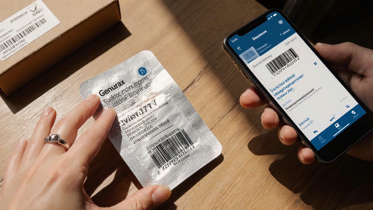 Close-up of a Zovirax blister pack showing batch number and barcode verification on a phone.