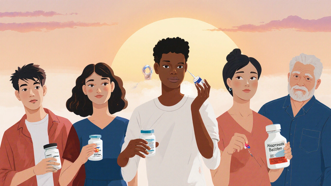 Collage of five people each holding a medication representing different AUD treatment options.