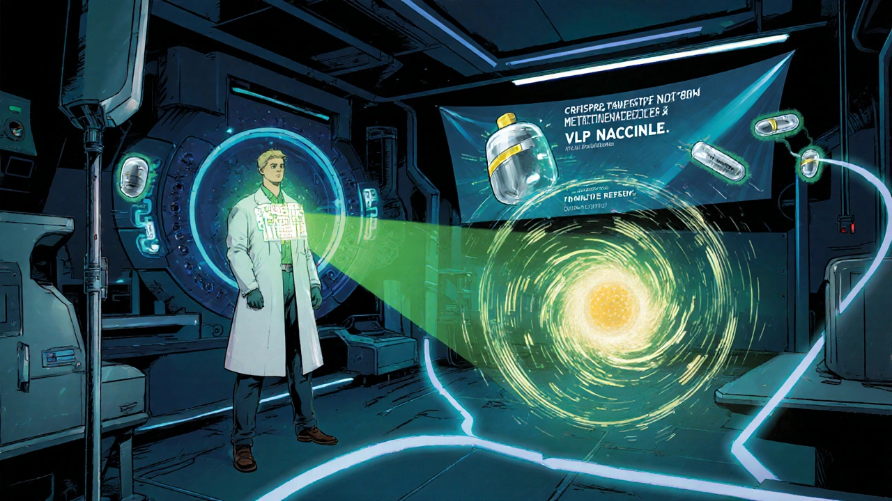 Comic lab showing CRISPR diagnostic hologram, nanoparticle drug delivery, and VLP vaccine concept.