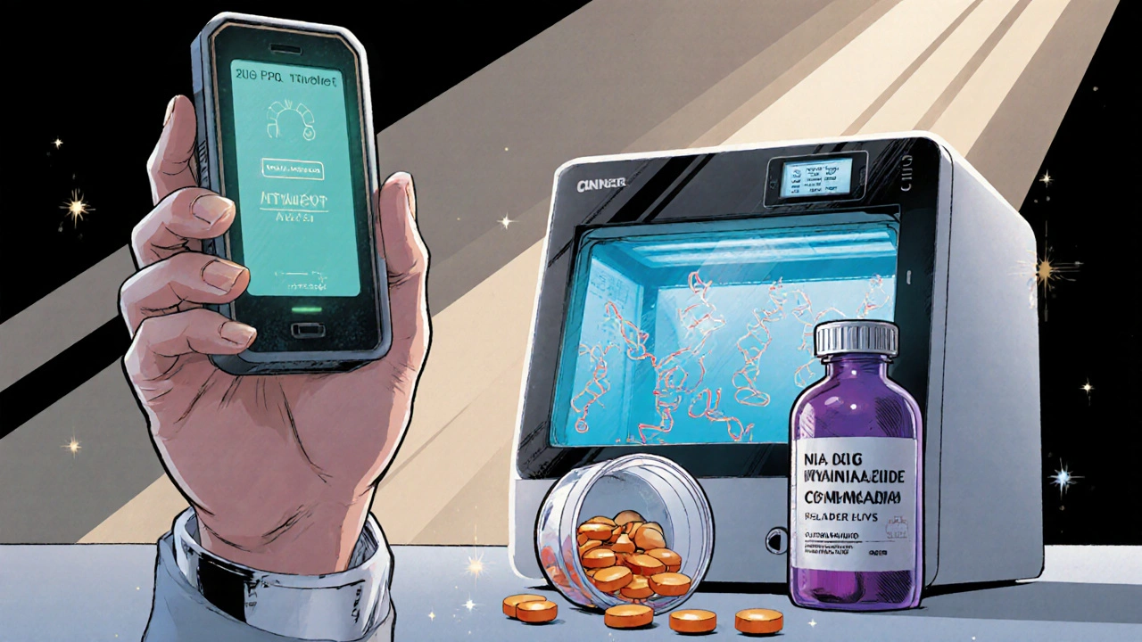 Comic scene of a doctor using rapid antigen kit and PCR machine with tinidazole and nitazoxanide pills displayed.