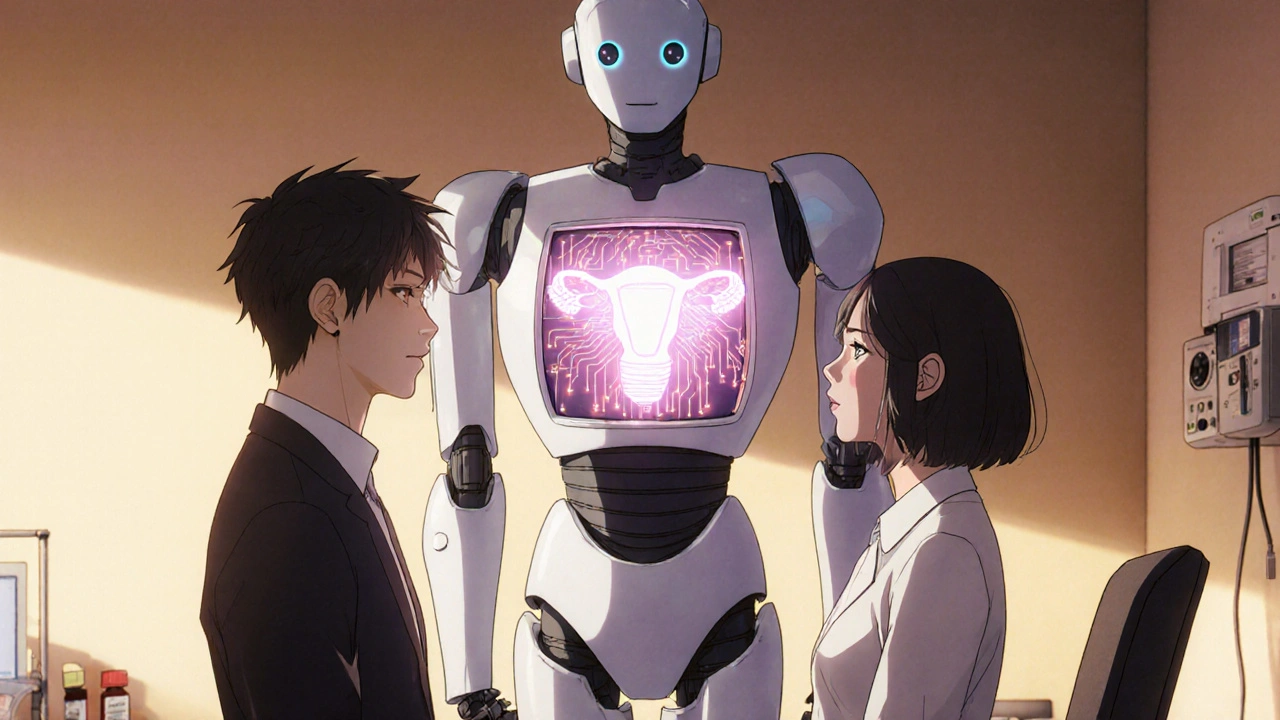 Couple discussing treatment with a friendly android doctor showing a glowing ovary circuit.