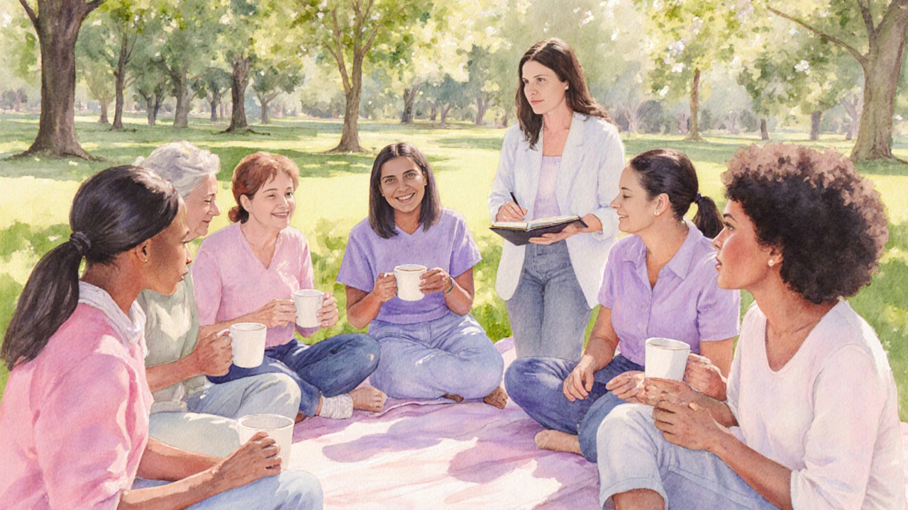 Diverse women in a park circle with therapist, representing supportive community.