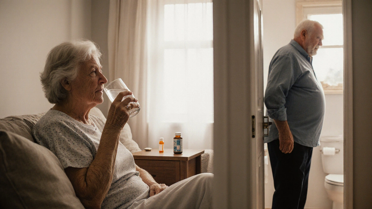 Elderly woman and man in a home setting, appearing comfortable and relieved after using bladder medication.