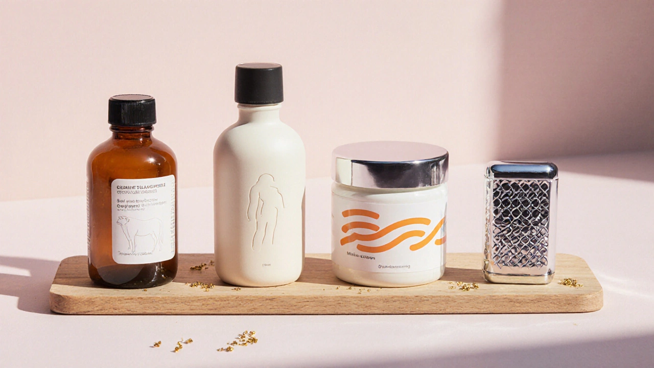 Flat‑lay of four supplement containers representing human, bovine, hybrid, and synthetic options.