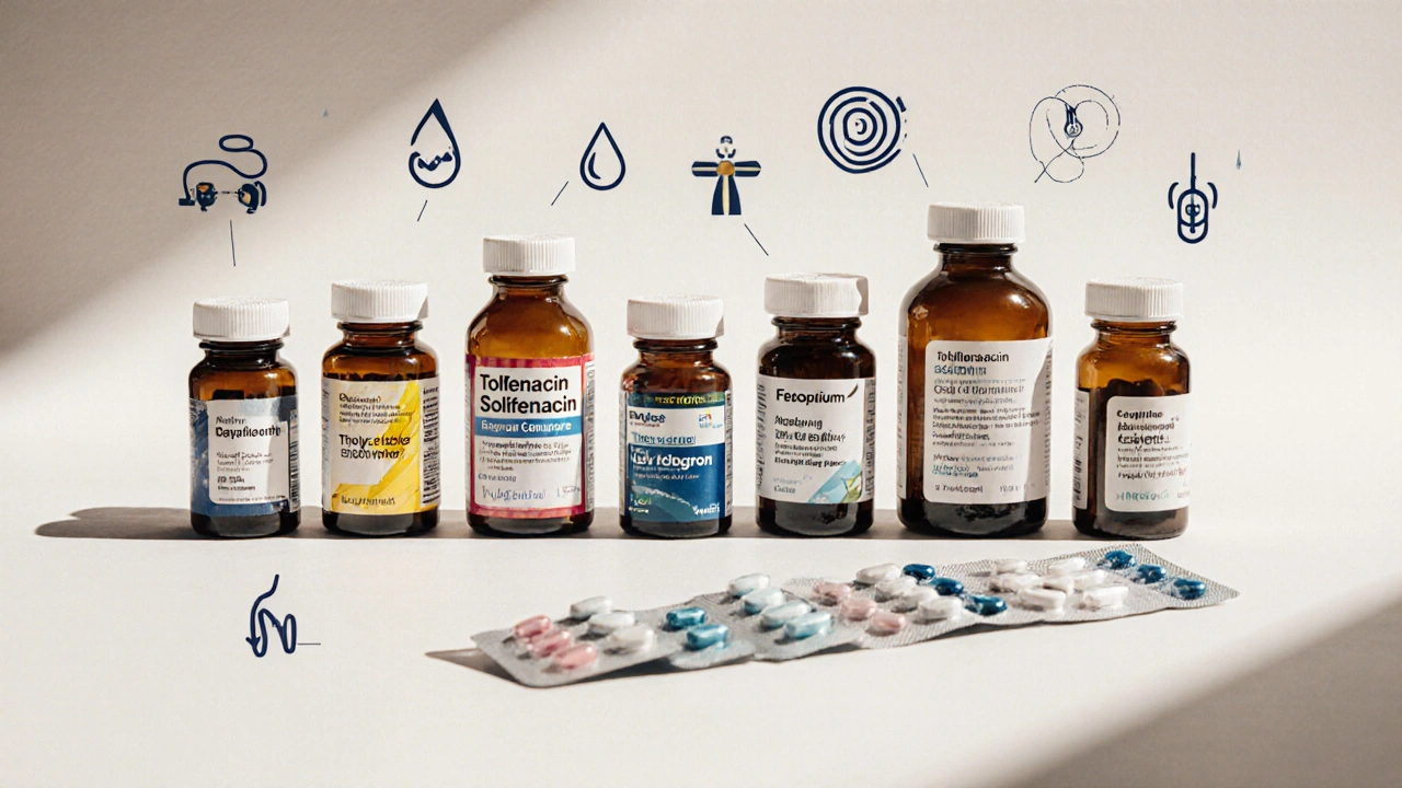 Flat‑lay of seven different bladder medication bottles with subtle side‑effect icons surrounding them.