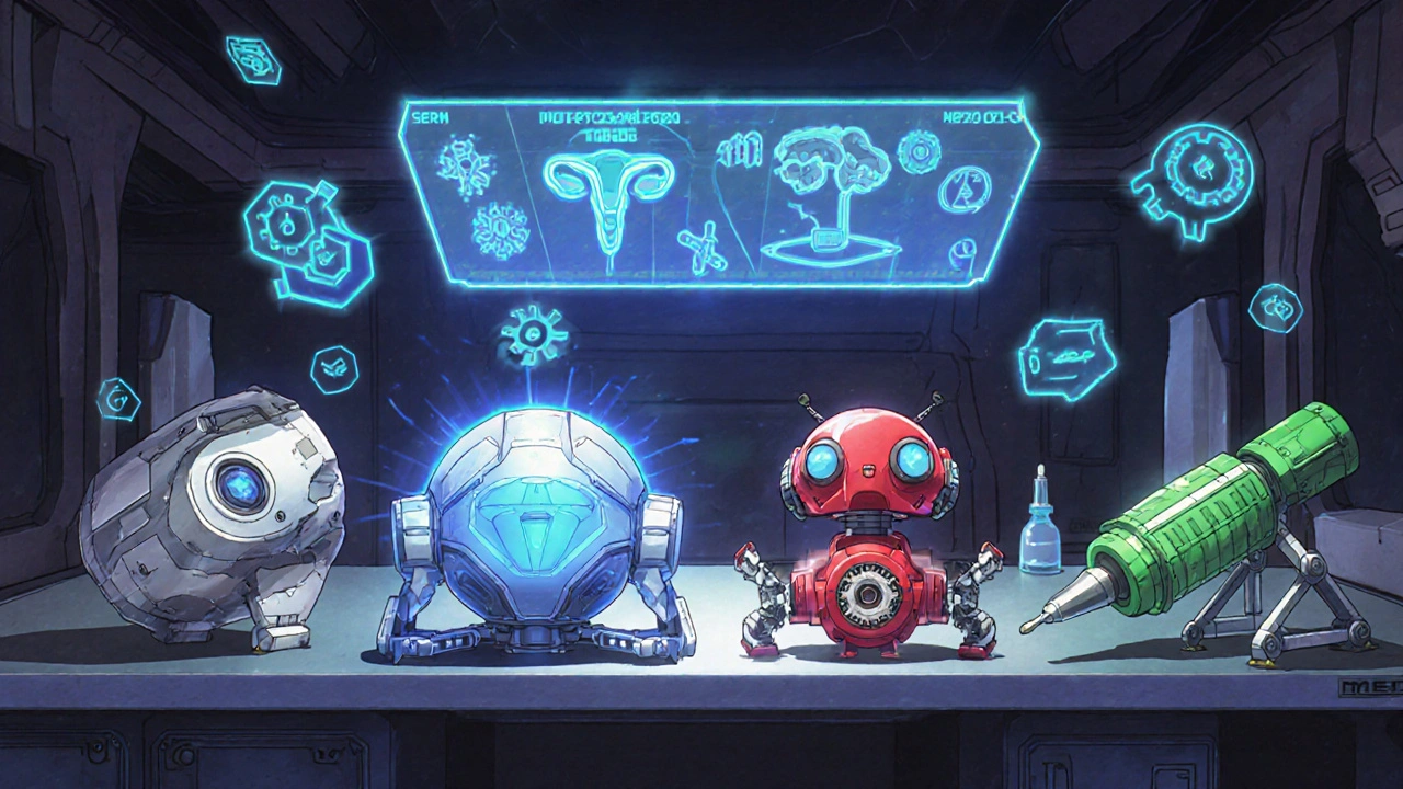 Four mecha-inspired modules representing Letrozole, Tamoxifen, Gonadotropins, and Metformin on a lab table.