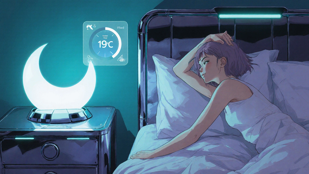 Futuristic bedroom with cool lighting, a person stretching, and high‑tech sleep‑hygiene devices.