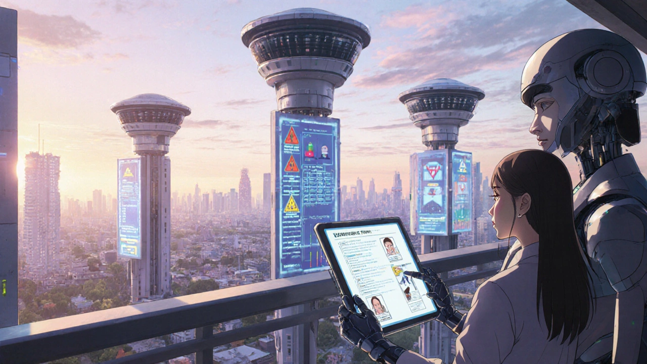 Futuristic city hub where surveillance mechas monitor for drug‑induced TTP warnings.