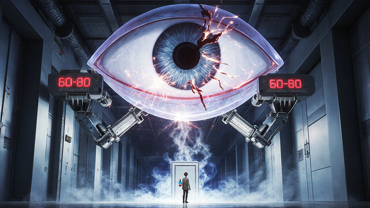 Giant eye model with mechanical arms slamming shut a drainage gate as pressure spikes explode.