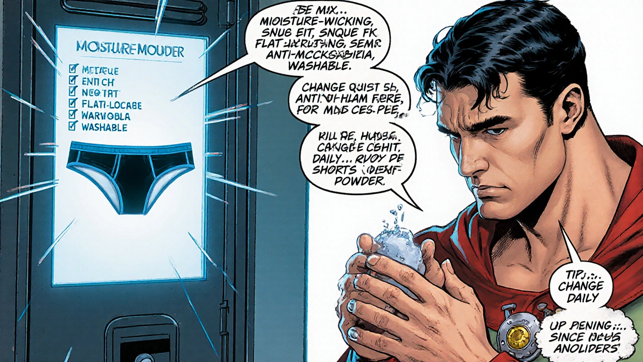 Hero picks ideal underwear, follows hygiene checklist, and changes clothes confidently.