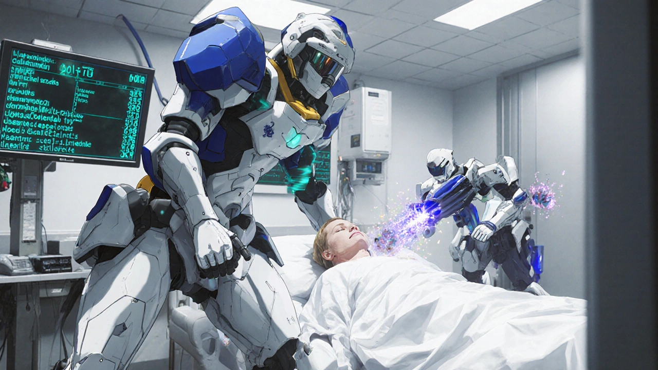 Hospital room with a plasma‑exchange mecha and nanobot caplacizumab assisting a patient.