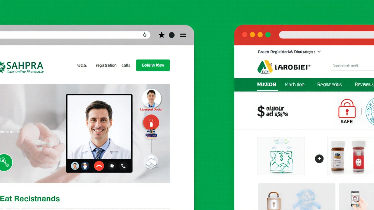 Illustration comparing a safe pharmacy with SAHPRA badge to a risky one lacking verification.