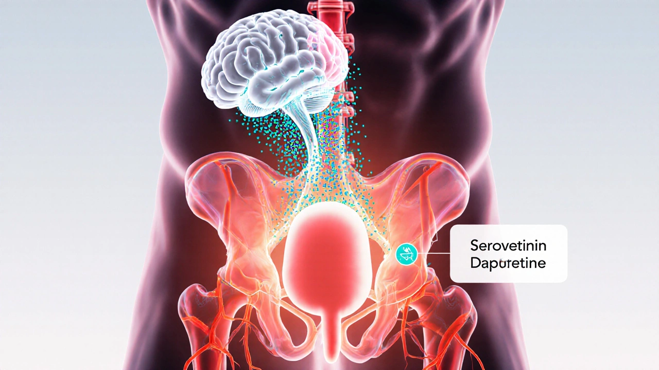 Illustration of a penis with glowing veins and a brain sending serotonin waves toward it.