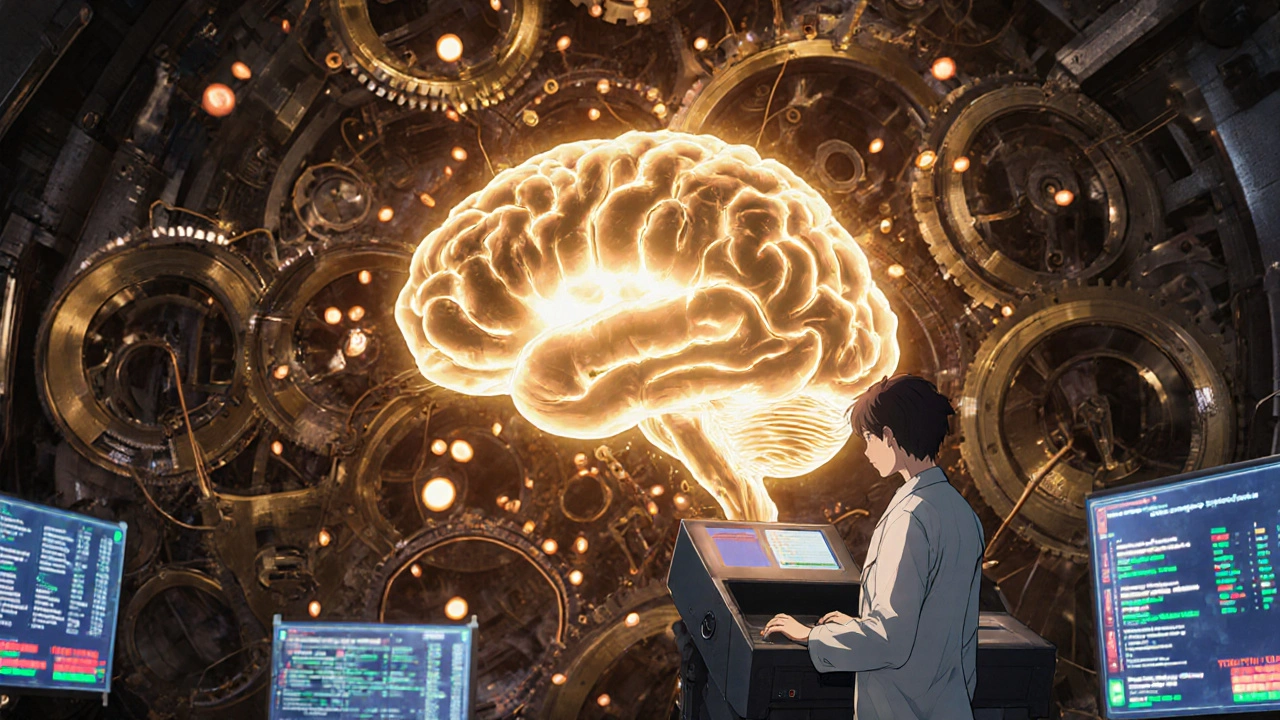 Inside a mechanical brain, amber particles flow as a technician adjusts norepinephrine levels.