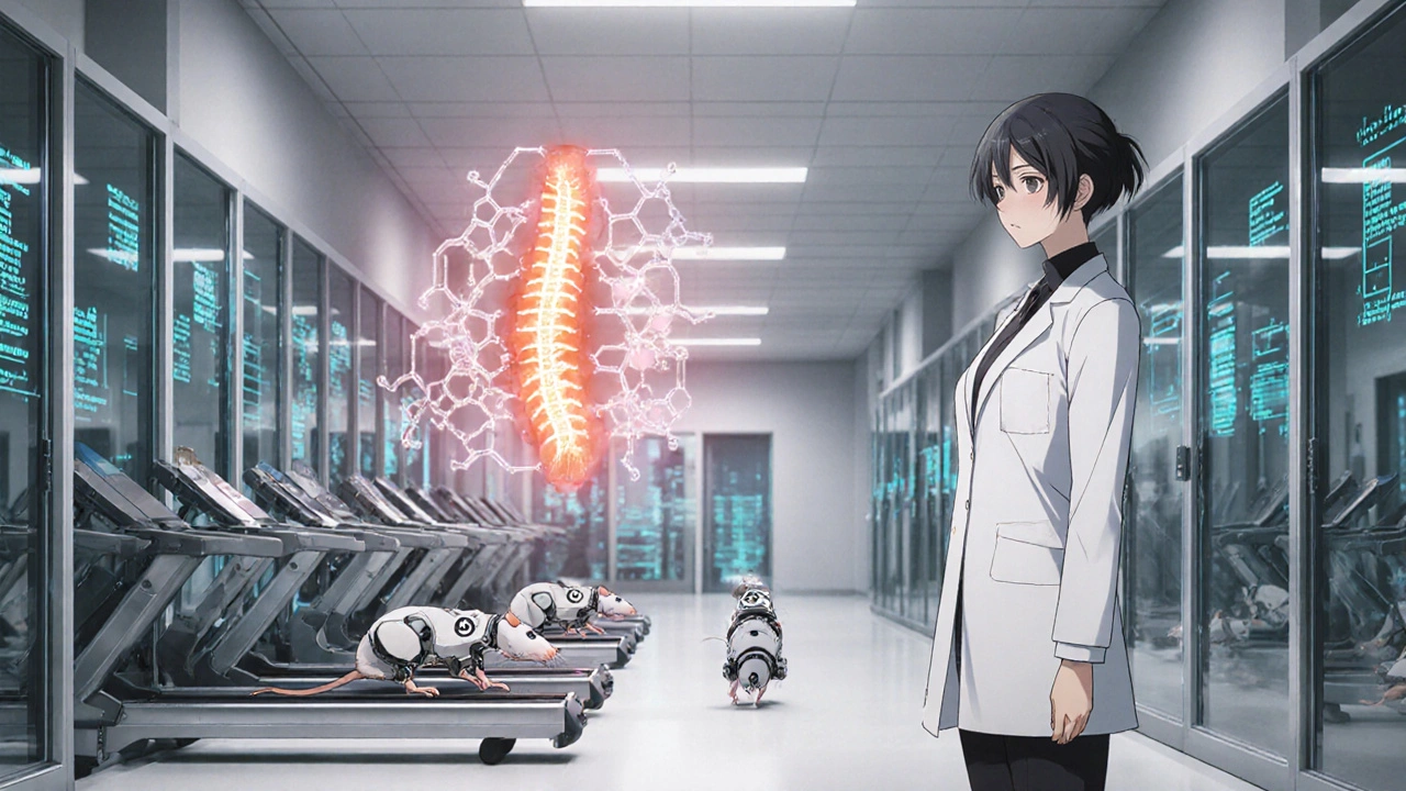 Lab scene with robotic rats on treadmills and a doctor beside a dopamine‑mecha hologram.