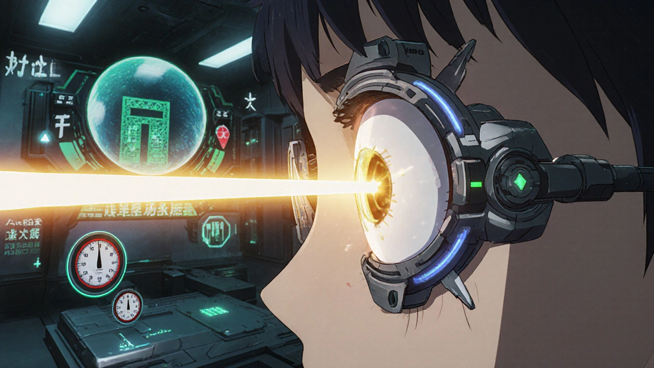 Laser drilling a hole in the iris with floating medical runes and pressure gauges dropping to safe levels.