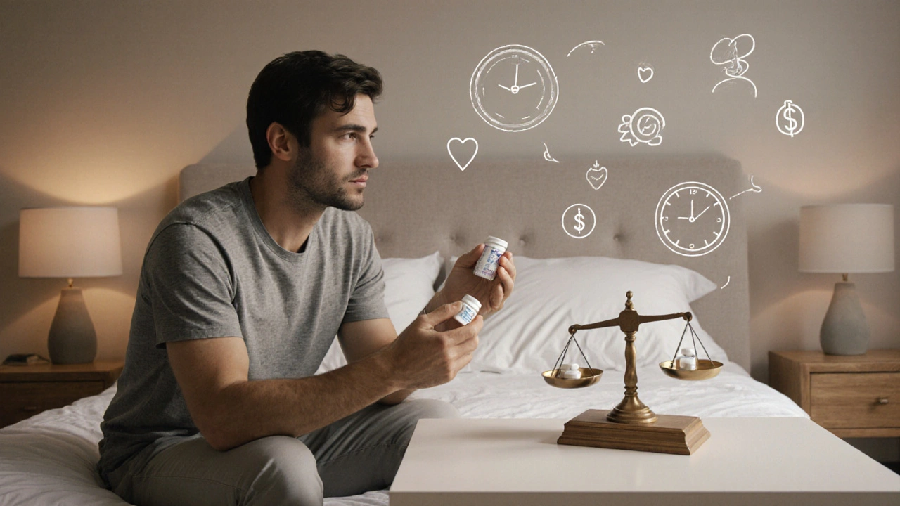 Man on a bedroom floor holding separate pills and a combo pill beside a balance scale with icons.
