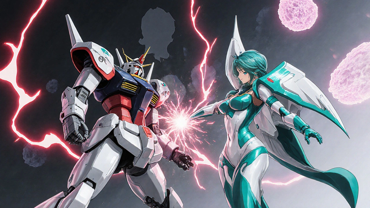 Mecha battle showing clotting factor vs protective shield, with subtle cancer cell symbols.