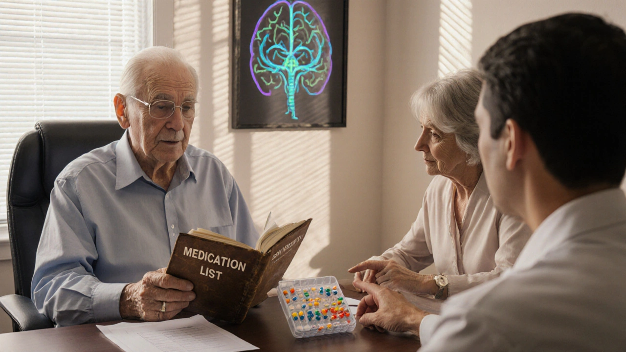 Patient and caregiver discussing medication options with a doctor in a warm office.