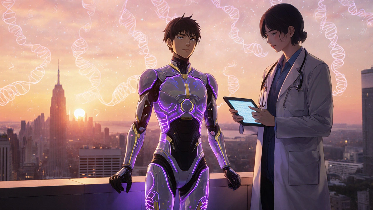 Patient in a glowing exosuit on a hospital rooftop at sunset, discussing treatment with a doctor.