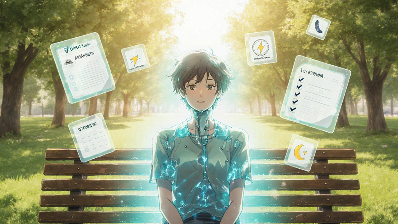 Patient relaxed on bench, surrounded by subtle mecha aura and floating checklist icons.