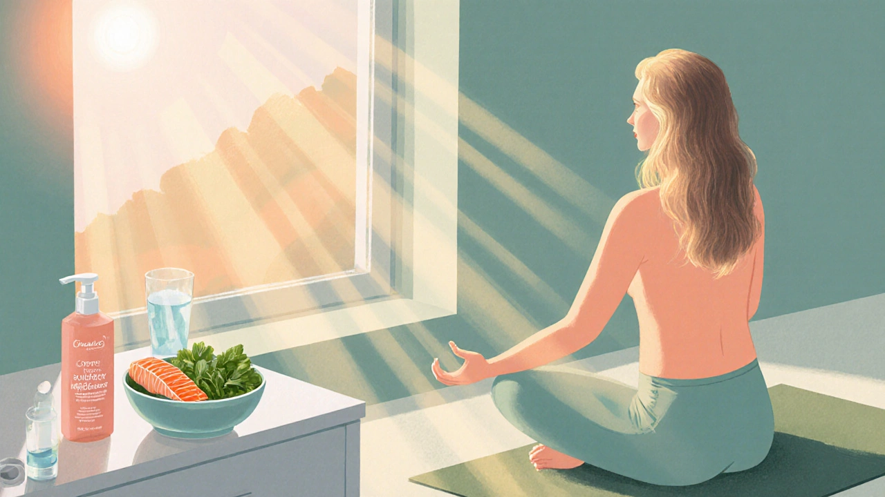 Peaceful yoga scene with sunrise light, healthy foods, gentle hair products, and regrowing hair.