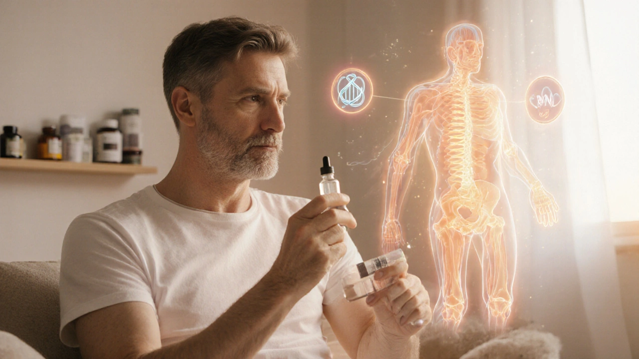 Person holding a supplement dropper amid glowing skin and joint figures, with subtle wellness icons.