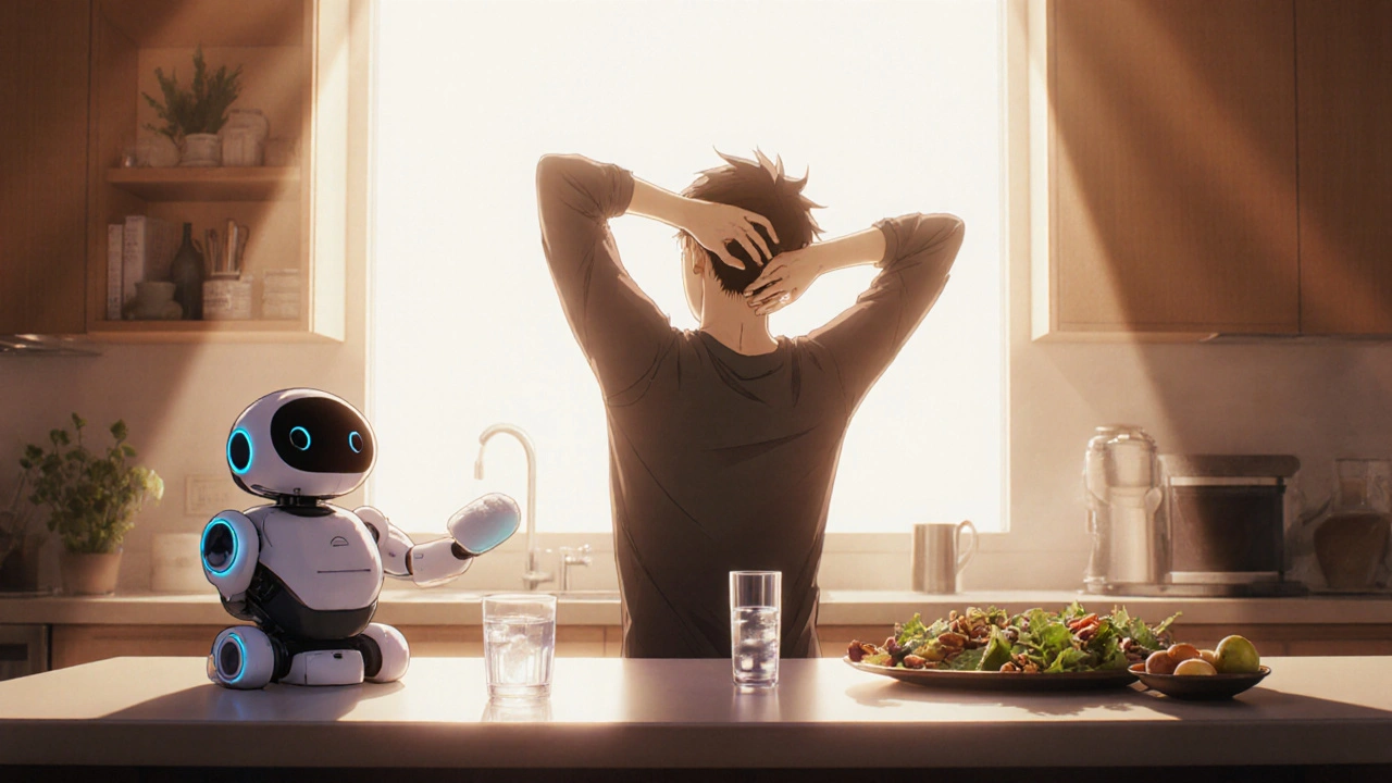 Person stretching neck while a robot offers water and a balanced meal.