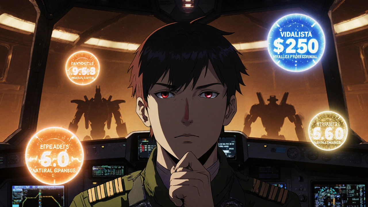 Pilot in a command cabin surrounded by glowing data orbs, choosing a mecha partner.