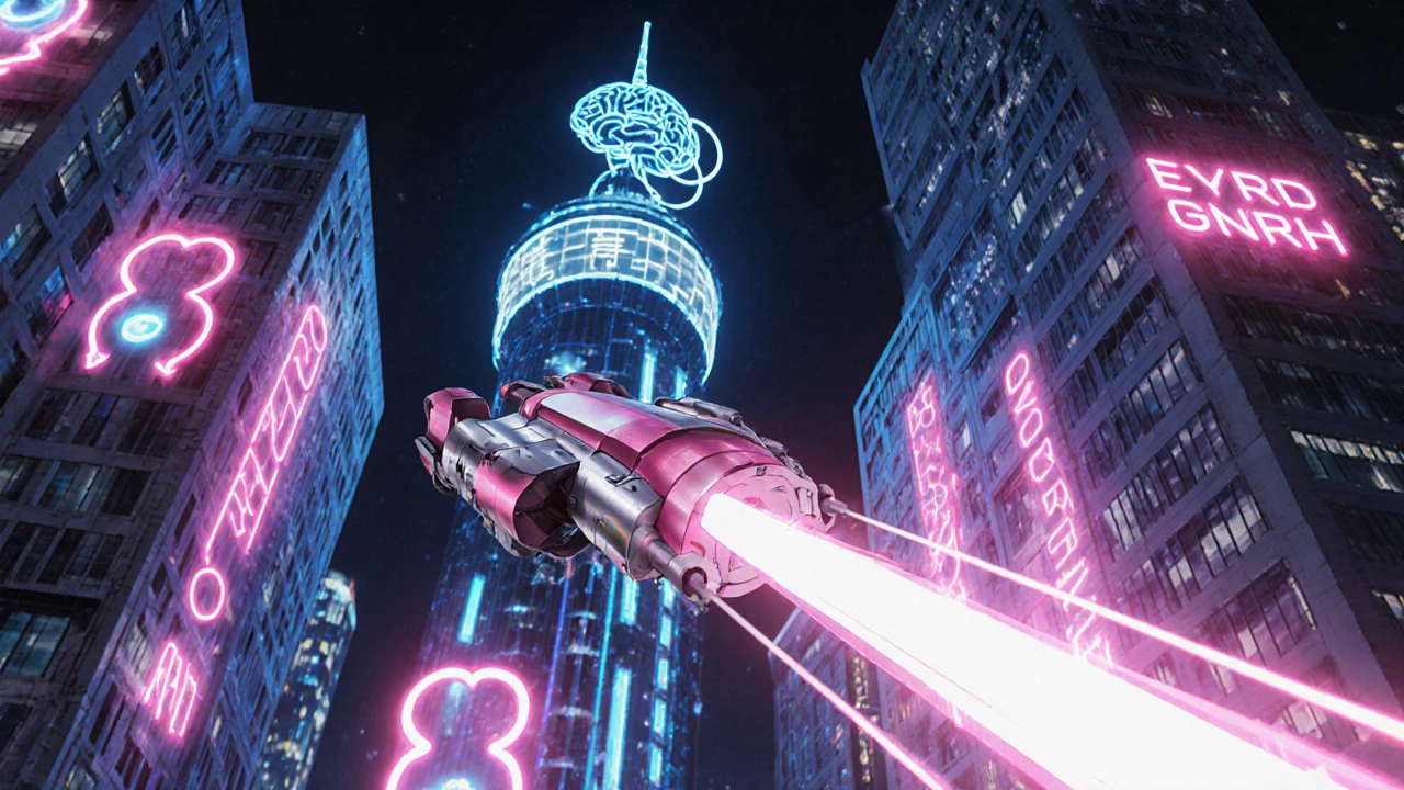 Pink‑silver mecha hormone flying through a neon city‑like body, connecting to receptors.