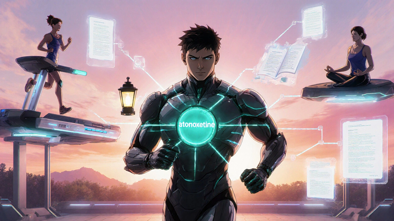 Protagonist in an exosuit trains with exercise, meditation, and CBT visuals, core glowing teal.