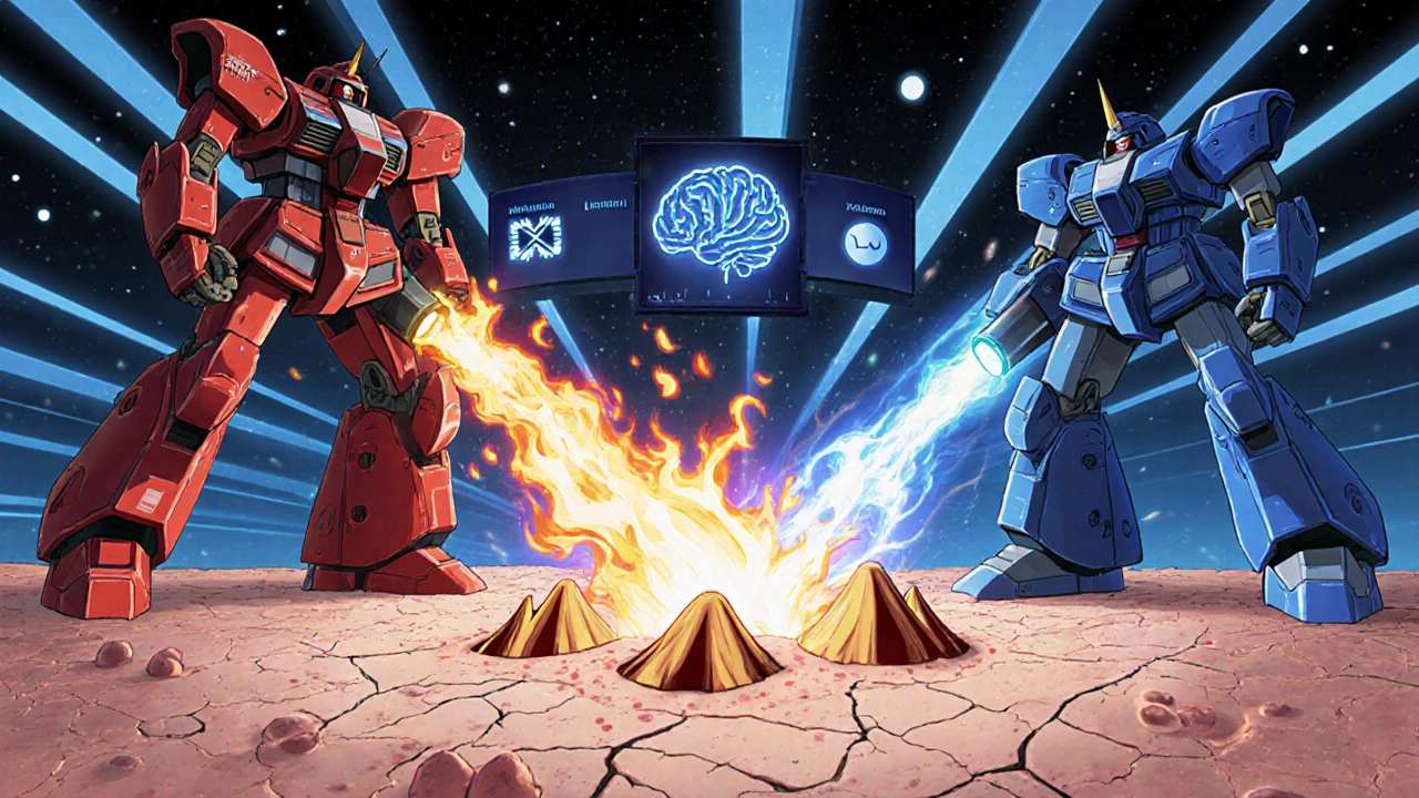 Red and blue mecha robots battling over a cracked skin surface with inflamed nodules.