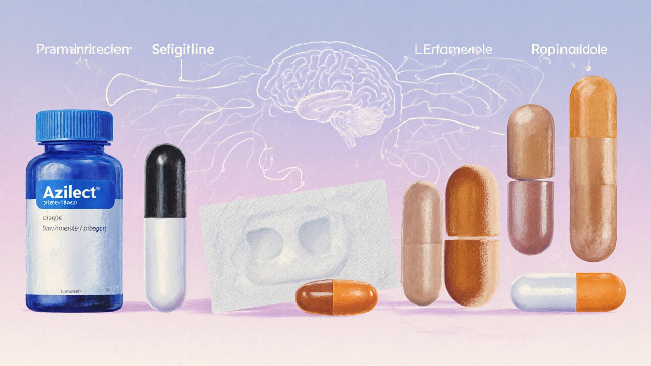 Seven medication icons arranged with a brain background showing dopamine pathways.