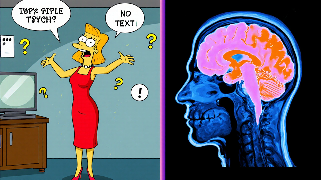 Split scene of sitcom caricature versus MRI brain showing amygdala activity.
