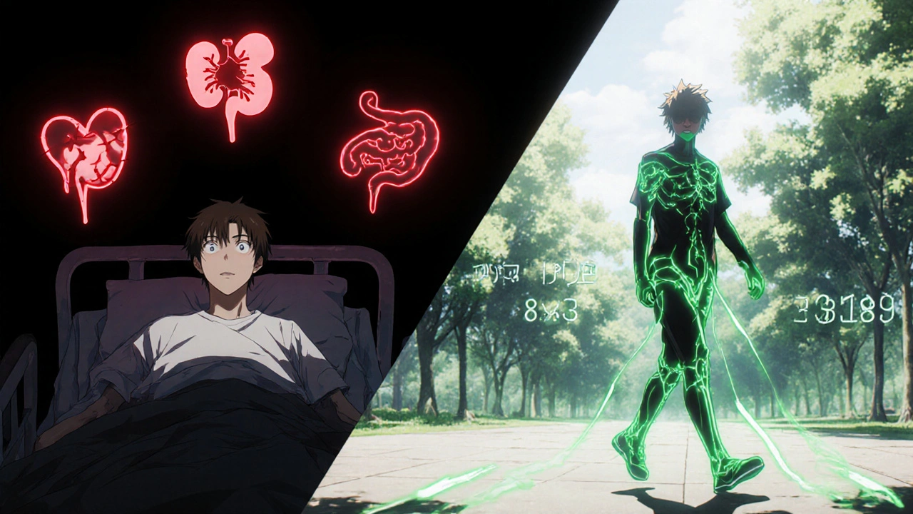 Split scene: one side shows medical warning glyphs, the other shows a person walking with glowing joint energy.