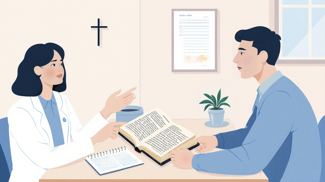 Therapist and client discussing a Bible and CBT worksheets in a calm office.