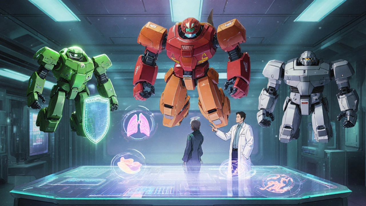 Three distinct mecha agents hover over holographic data in a high‑tech lab, with a patient observing.