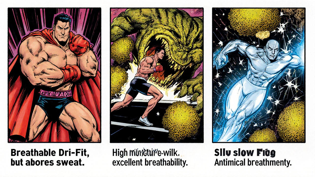 Three underwear characters—cotton, synthetic, silver—battle a giant fungus.