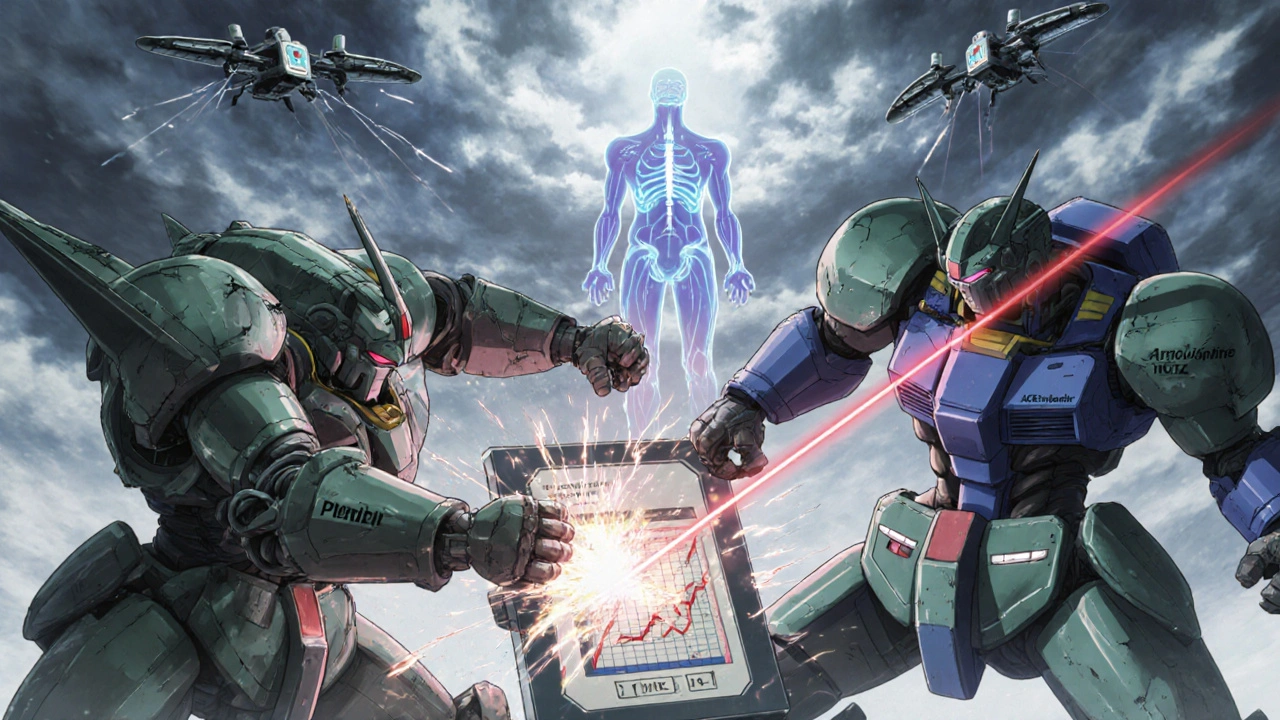 Two armored warriors battle over a blood pressure control panel, with diuretic drones and ACE inhibitor lasers in the background.