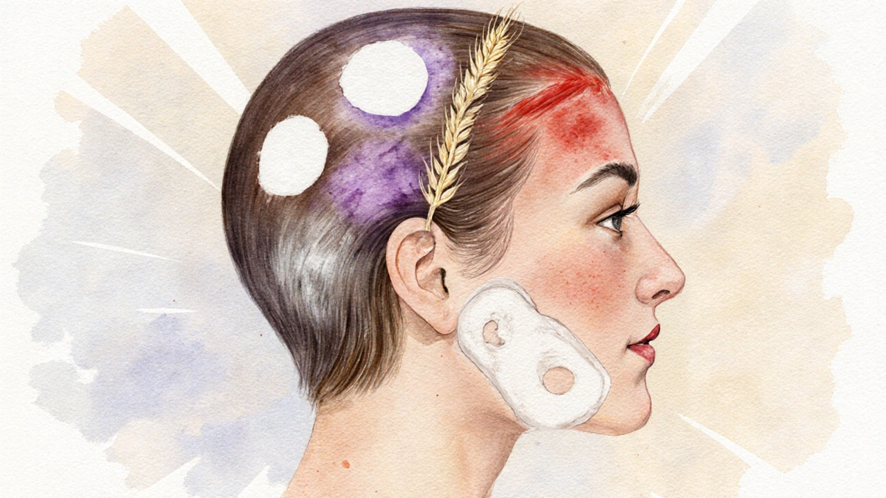 Watercolor head split into sections showing alopecia, lupus rash, thyroid thinning, celiac, psoriasis, and vitiligo patches.