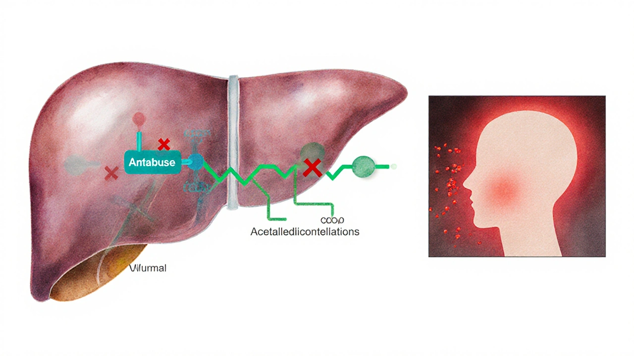 Watercolor illustration of liver with inhibited aldehyde dehydrogenase and accumulating acetaldehyde.