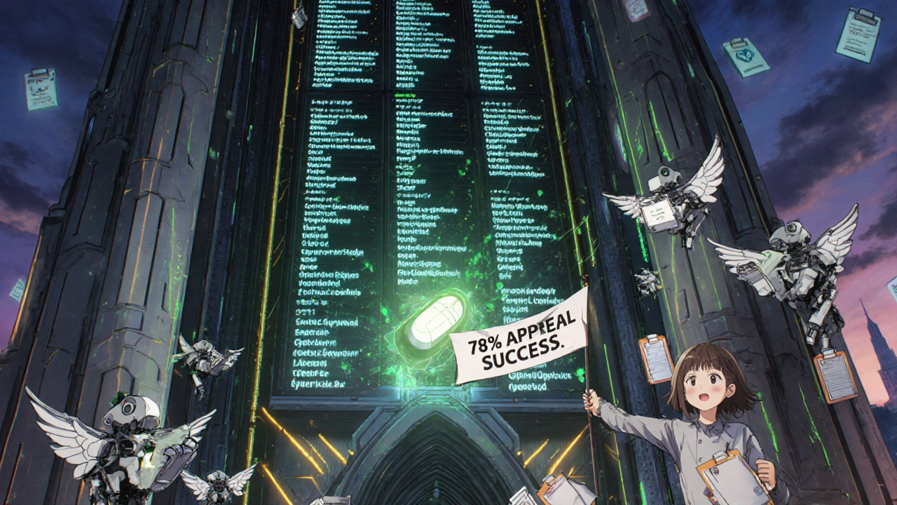 A colossal Medicaid server core ejecting a drug shard, surrounded by robotic counselors flying toward a patient with an appeal banner.