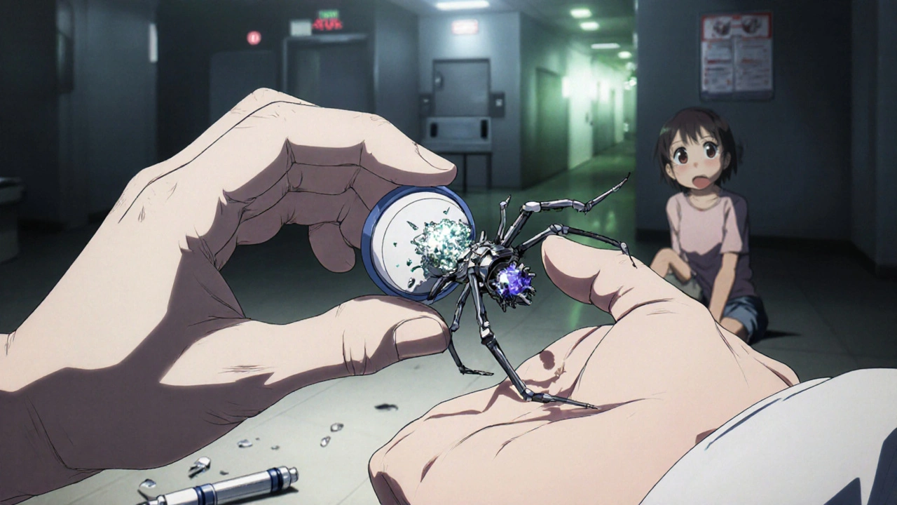 A counterfeit pill cracking open to reveal a fentanyl spider crawling out, with an ER in the background.