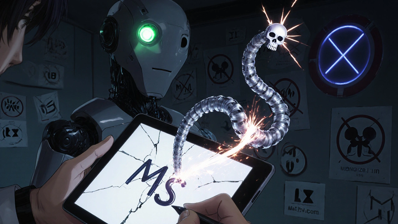A doctor&#039;s handwritten &#039;MS&#039; transforms into two competing mechanical serpents on a cracking tablet screen.